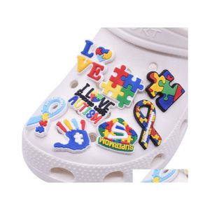 Schoenonderdelen accessoires croc schoenen charmes 100 stcs/lot aangepast autisme bewustzijn ribibon pvc shoecharm gespen mode zachte druppel leveren dheiv