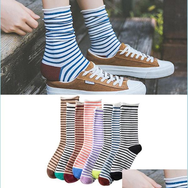 Pièces de chaussures Accessoires Mode Femmes Chaussettes Coton Couleur Arc-en-ciel Rayé Lâche Harajuku Heureux Mignon Colorf Art Kawaii Drôle Casual R Dhjtz