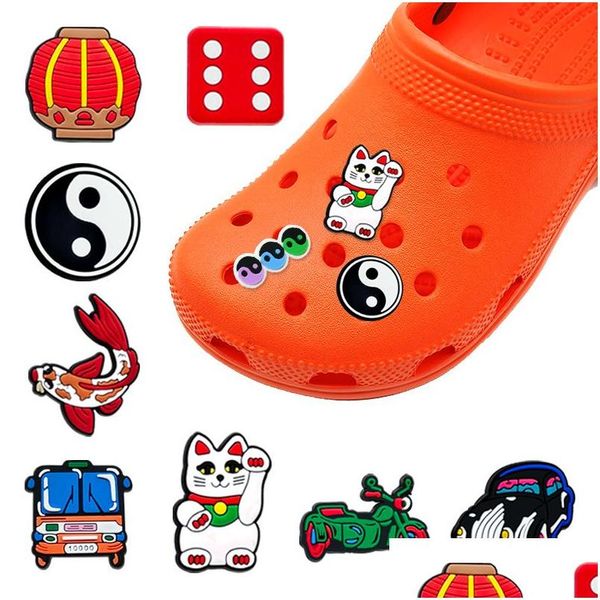 Shoe Parts Accessories Moq 100Pcs National Tide Tai Chi Pattern Clog Jibz 2D Soft PVC Shoe Charms Accessoires Boucles Clog Decoratio Dhbex