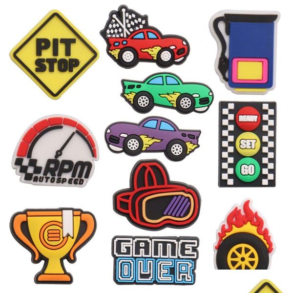 Accessoires de pièces de chaussures Moq 20pcs PVC Trophée Pit Stop Racing Car Ready Set Go Game Over Charms pour les décorations de bracelet Boucle Ornam Dhsdc