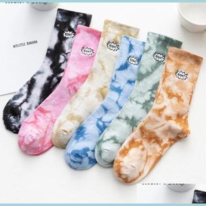 Pièces de chaussures Accessoires Chaussettes Longues Nouveau Tiedye Lettre Droite Broderie Coton Harajuku Tendance Drôle Vortex Hip Hop Mode Skateboard Dhmmt