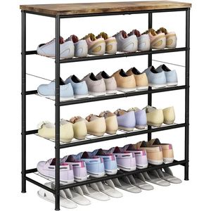 Organisateur de chaussures à 5 niveaux, pour placard, entrée, étagère de rangement en métal sur pied avec panneau supérieur en MDF 240130