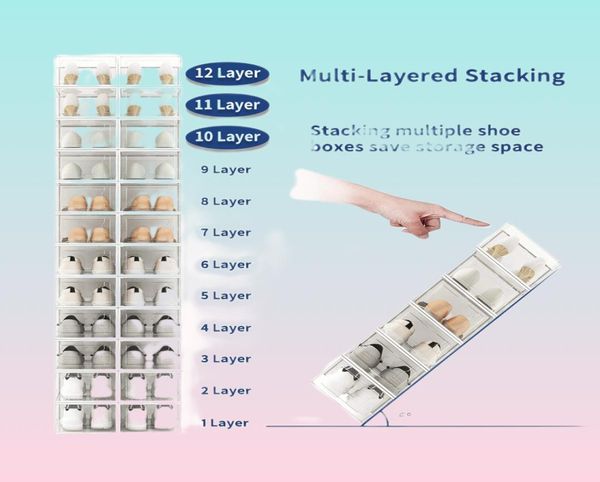 Boîtes de rangement à chaussures Organisateur de chaussures en plastique transparente pour placards Pliable Chaussures Conteneurs Bacs Holders8497350