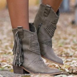 shoes 2021 Mode féminine Western Cowgirl Fringe Bottes Vintage Moto Bottes d'équitation Épaisses Bottes en cuir à talons hauts Plus Taille 3543