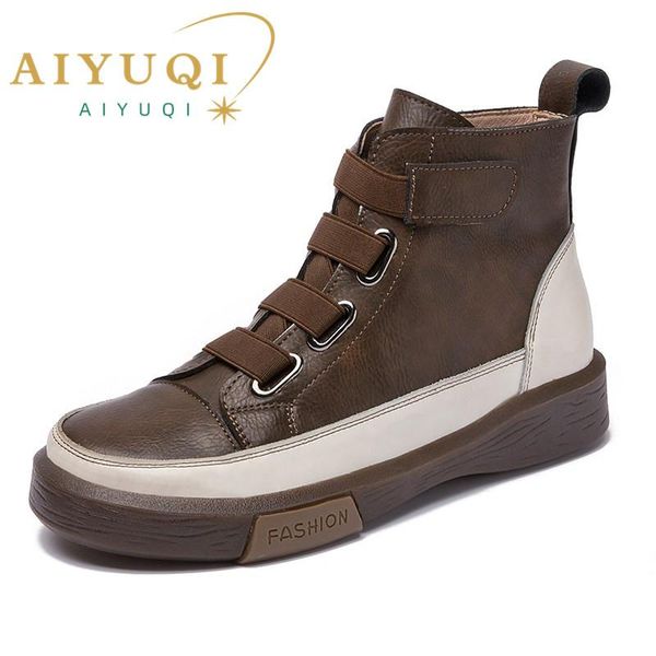 Zapatos Aiyuqi, zapatos de invierno para mujer, zapatos planos de cuero genuino 2023, Color antiguo a juego, botas con lazo frontal para mujer, zapatos de tendencia para chica y estudiante