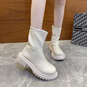 Schoenen laarzen platform enkelwomen dikke ronde teen korte beknopte stijl pu lederen dik zool zwart beige