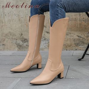 Schoenen laarzen zipper hoge vrouwen westerse hiel kniehoog puntige teen dikke hakken vrouwelijke lange bruine herfst 33-46 21051 33 s