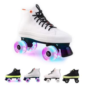 Schoenen canvas quad skates dubbele rij kinderen volwassen unisex flashing wielen roller skating schoenen indoor outdoor street stedelijke fitness patines