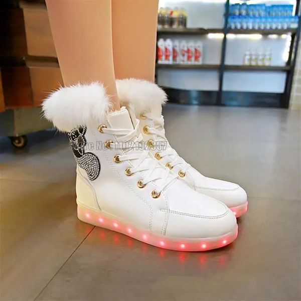 Zapatos Niños Invierno Mujeres Botas Plataforma Niños Real Piel de Conejo Regalos Niñas Led Brillante Mantener Zapatos Calientes