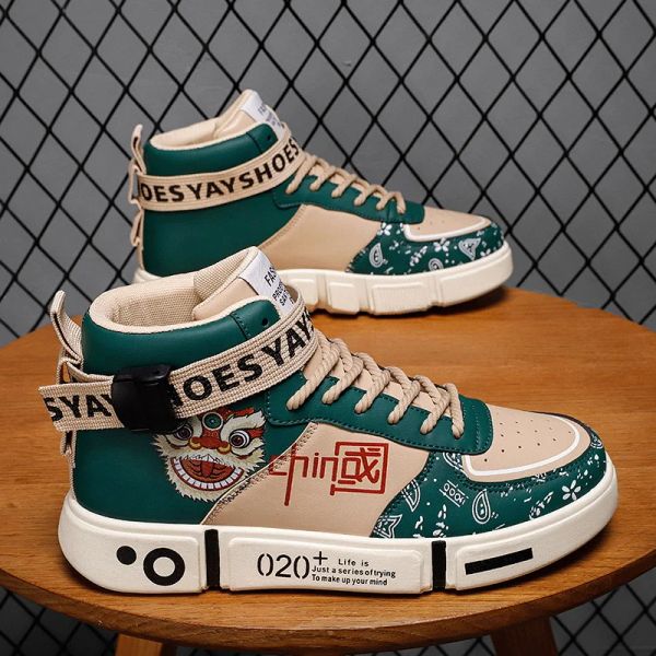 Chaussures Chine Style High Top Unisexe Sneakers Swatel Fashion Green Printing Men Sports Chaussures Confortable
