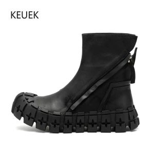 Chaussures Bottes de plate-forme en cuir authentique noir noir