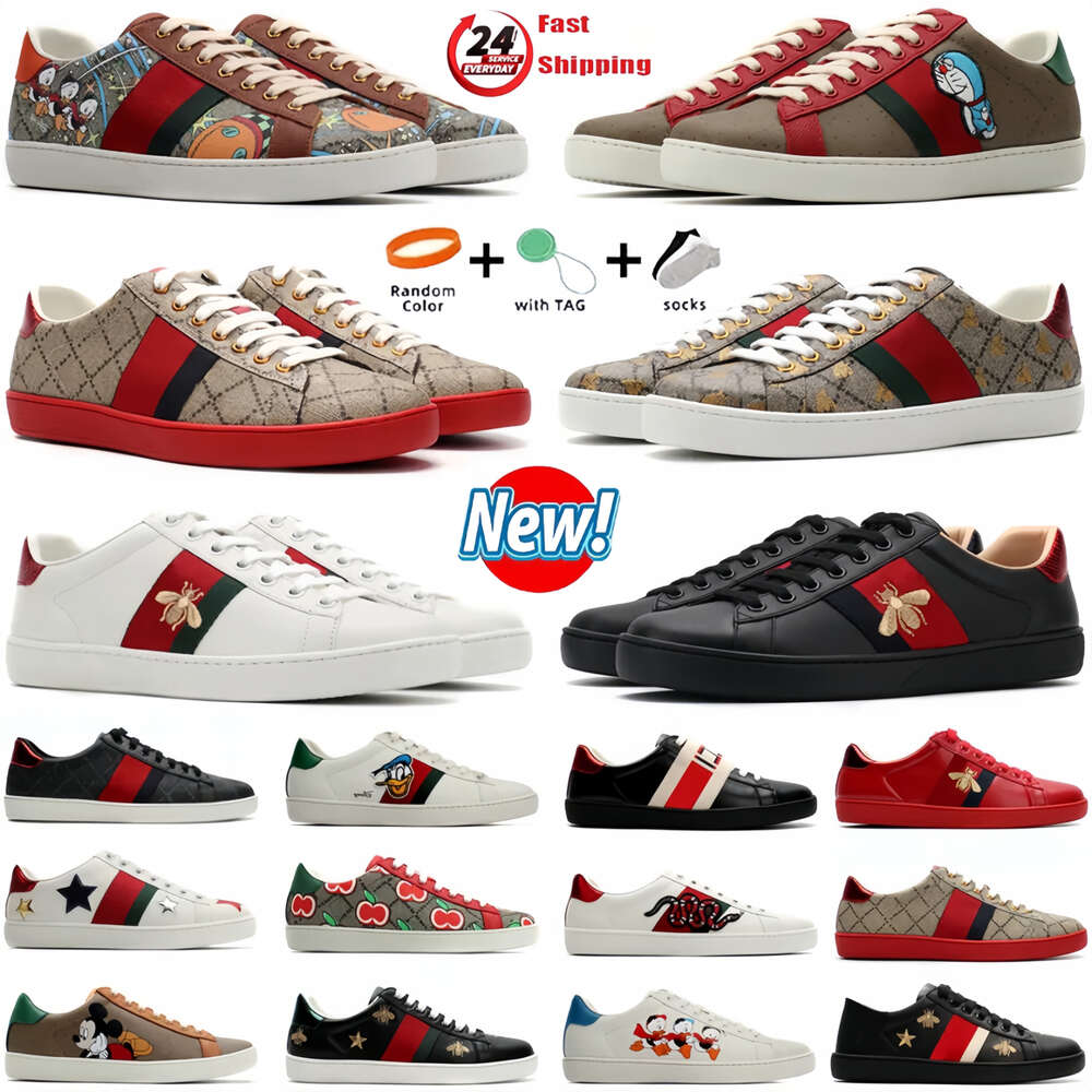 Sapatos Designer Bee 2024 Alta Qualidade Cartoon Ace Couro Snake Bordado Branco, Verde Listras Vermelhas Clássico Masculino e Feminino Casual Outdoor Sneakers