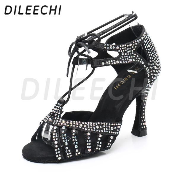 Chaussures Dileechi Latin Dance Chaussures Femme noire Satin Salsa Partyrole Boots Dancing Boots High Cuba 9cm Soft Out-Sole