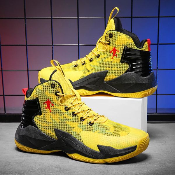 Chaussures Fashion Mesh Yellow Basketball Chaussures hommes High Top Top Nonslip Mens Sneakers Basketball Shockabsorbing Elastic Sport Chaussures pour l'homme