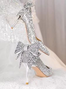 Schoenen voor vrouw 2023 Stilito Silver dames zomerschoenen bruiloft bruid schoen strass puted teen super hoge hiel diamant 39