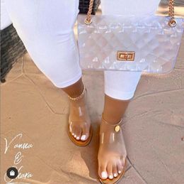 Zapatos para mujer Diapositivas de gelatina Zapatillas de verano Sandalias transparentes Bolso Correa doble Conjunto plano y monedero transparente Zapatillas de bolso Pantufa 1536272