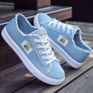 Zapatos Zapatillas de lona para niñas, zapatos de primavera azul y negro con cordones, zapatos vulcanizados ligeros y suaves Unisex, zapatos de lona de moda para mujer de talla grande