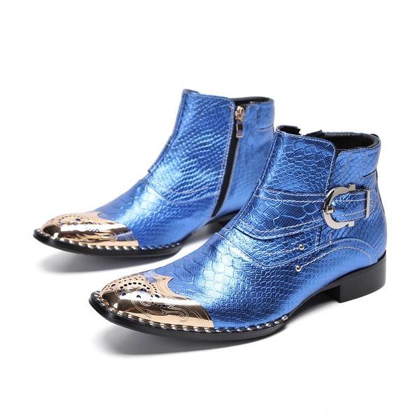Chaussures Bottines de cheville en cuir de qualité authentique pour hommes Blue Snake Skin Steel Toe Backle Man Robe Flats Bota masculin 8615