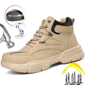 Schoenen High Top Safety Shoes Men Steel Toe werk Safety Boots Nieuwe mannelijke beschermende werkschoenen Punctie Proods Proof Licht enkel laarzen Antismash