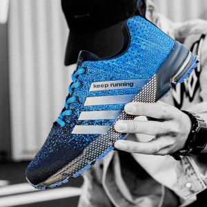 Schoenen hete verkoop goedkoop gebreide hardloopschoenen mannen mode blauw ademende man sneakers lichtgewicht niet -slip unisex hardloop sportschoenen