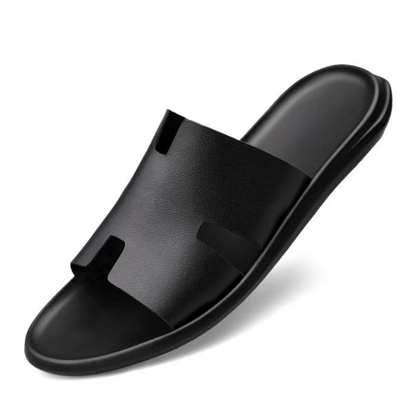 Zapatos Venta caliente Hombres de cuero genuino Sandalias zapatillas afuera de los zapatos blancos negros Flipes suaves de la playa masculina Cool Summer Slides
