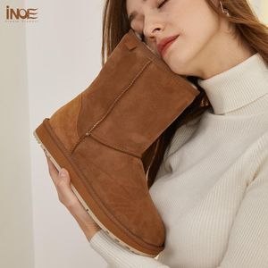 Schoenen inoe vrouwen casual winter sneeuwschoenen echte schapenvacht suede leer natuurlijke schapen wol bont gevoerde warme schoenen flats kastanjebruine waterdicht