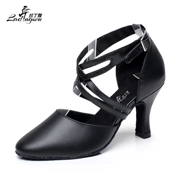 Chaussures Ladingwu 2018 Nouveau cuir synthétique microfibre Toe fermé Chaussures de danse latin Dark Black Ballroom Tango Salsa Chaussures de danse