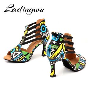 schoenen ladingwu merk latin dans schoenen dames dans laarzen elastische band aanpassing balzaal dansschoenen blauwe Afrikaanse textuurschoenen