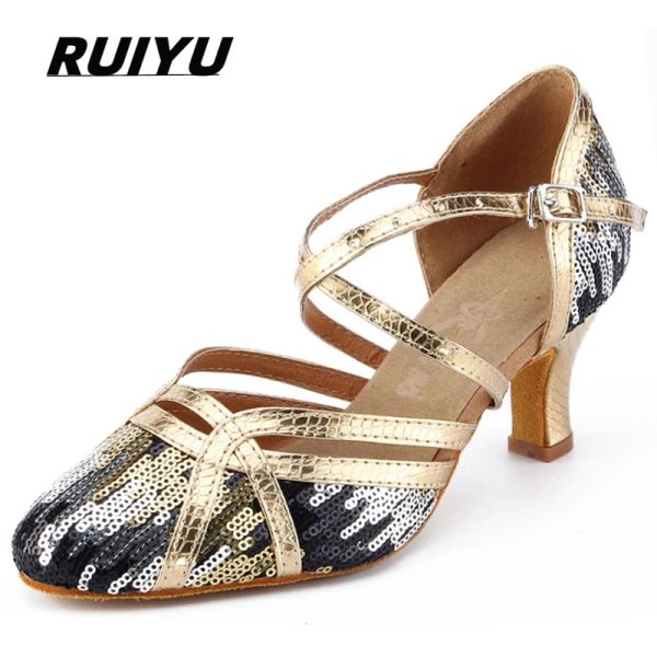 chaussures Latin Dance Chaussures Ladies Salsa Tango Ballroom Party Dancing Dancing Sequin Gold Blue Girls High Heel Jazz Dance Shoes