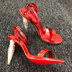 Schoenen Luxe modeontwerper Red Bottoms Sexy Pointed Toe Red Soled Lip Print Heel Rhinestone Ultra High Heels