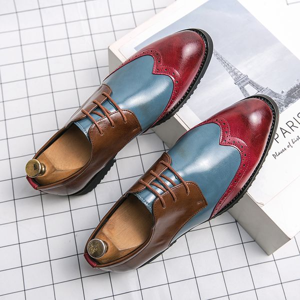 Chaussures Men Elegant Derby Color blocking PU Bullock Splicing Wing Tip Lace Up Fashion Business Casual Wedding Party Daily 8785