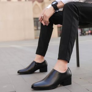 Schoenen nieuw 8 cm platform lederen schoenen mannen twolayer cowhide jurk schoenen 2021 mode puntige teen zipper zwart casual zakelijke man schoen