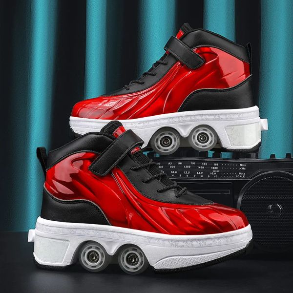 Chaussures pu en cuir adulte sport roller skate chaussures de déformation décontractée parkour baskets patins avec 4 roues pour rondes enfants de course à pied