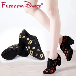 Chaussures Red Lips Chaussures de danse latine pour femmes oxford et respiration Mesh à talons moyens de bal de bal de bal de danse de danse pour baskets de danse féminine
