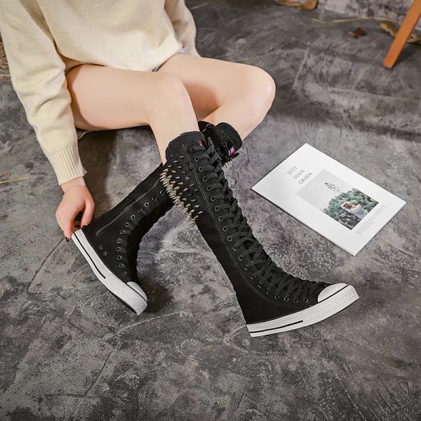 Chaussures Spiked Rivet Chaussures High Top Side Zipper étudiant toile chaussures Punk Boots High Tube Casual Shoes Sneakers Tenis Feminino