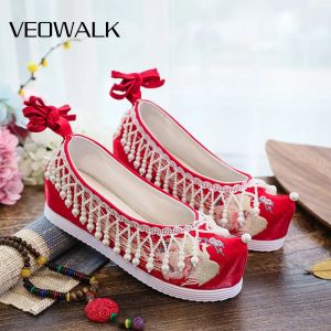 Chaussures veowalk femmes tissu de coton plates plates-formes plates avec des perles pendentifs de style chinois vintage chaussures de mariée de mariage rouge