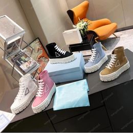 Schoenen Dames Designer Double Wheel Nylon Gabardine Sneakers Luxe Leren Driehoek Canvas Casual Mode Platform Trainers Hoge tops Maat 35-42