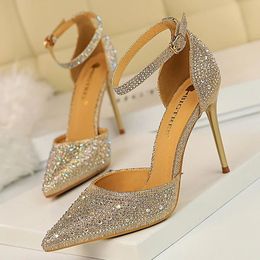 Chaussures Femmes maogu dames 296 pompes stiletto sweet mariage chaussure femme sandales 10 cm strass brillantes sexy talons hauts or 240125