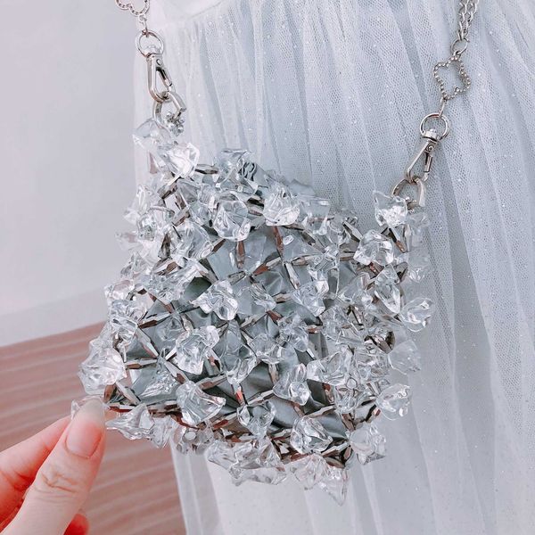 Mini sac à chaîne en verre cristal acrylique, sacoche perlée faite à la main, sac transparent féerique pour téléphone portable, 230220