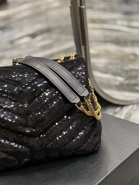 Bolso de compras negro con cuentas artesanales italiano original piel de becerro capacidad bolso de hombro de gran tamaño solapa cartera cadena calidad 5A