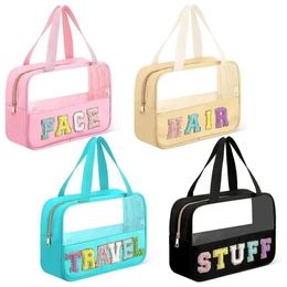 Boodschappentas Roze Schattig Meisjes Reizen Chenille Letter Doorzichtig PVC Transparant Strandpatches Stuff Tote Bag met handvatten voor zwemmen 231127