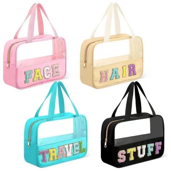 Sac à provisions rose filles mignonnes voyage chenille lettre clair PVC patchs de plage transparents sac fourre-tout avec poignées pour nager 231127