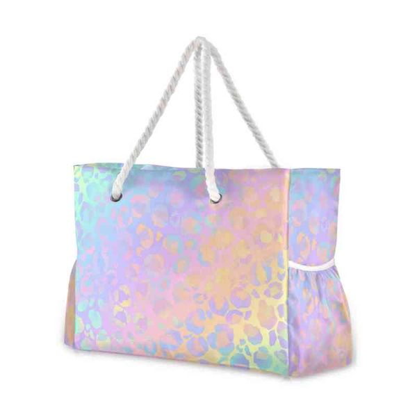 Bolso de compras Bolso de compras de nylon para mujer, bolso de compras con estampado de leopardo rosa o guepardo con estampado de arco iris, bolso de cinturón de gran capacidad 220310