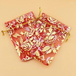 Shopping Bags 100 pcs/lot 11x16 cm estampage Rose fleur cordon Organza cadeau sac bijoux emballage fête de mariage décoration fournitures