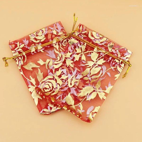 Bolsas de compras 100 unids/lote 11x16 cm estampado flor rosa cordón Organza bolsa de regalo embalaje de joyería suministros de decoración para fiesta de boda