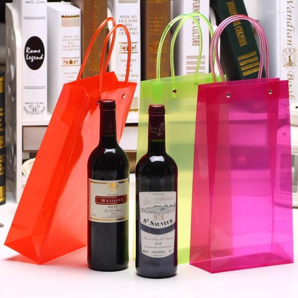 Sacs à provisions (100pcs / lot) Sac à vin transparent transparent imperméable Sac avec poignées avec des poignées