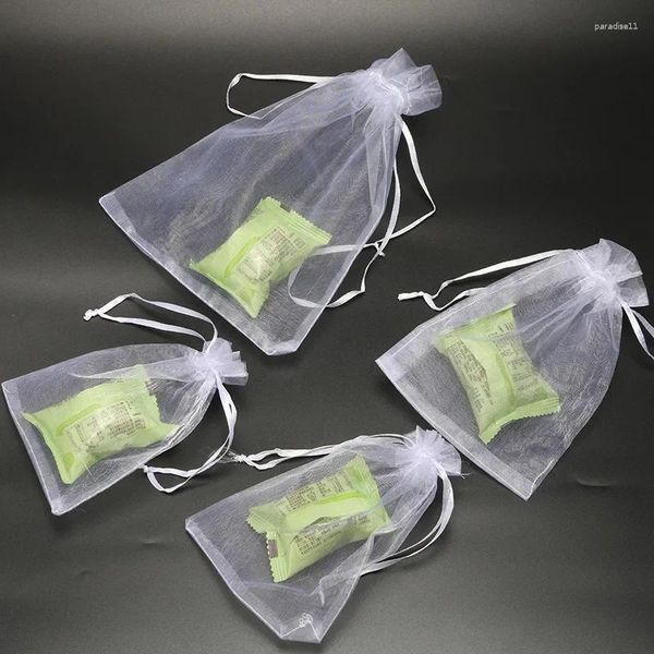 Sacs à provisions 100pcs Organza Gaze Sachet Cadeau Cordon Poche Drawable Party Supply Mariage Noël Faveur Blanc Pochettes