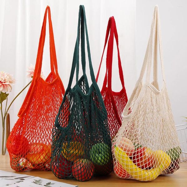 Bolsas de compras 18 colores Bolsa de red portátil reutilizable Fruta Vegetal Almacenamiento Ecológico Algodón Malla plegable para Tote