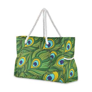 Shopping tassen 2021 vrouwen nylon cartoon etnische veren boodschappentas schouder strand tas vrouwelijke casual draagtas grote wilde ruwe touw dames handtassen 220310