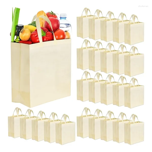 Bolsas de compras 25 paquetes de comestibles reutilizables no tejidos plegables con asas Tote Hombro portátil Fácil de usar Beige